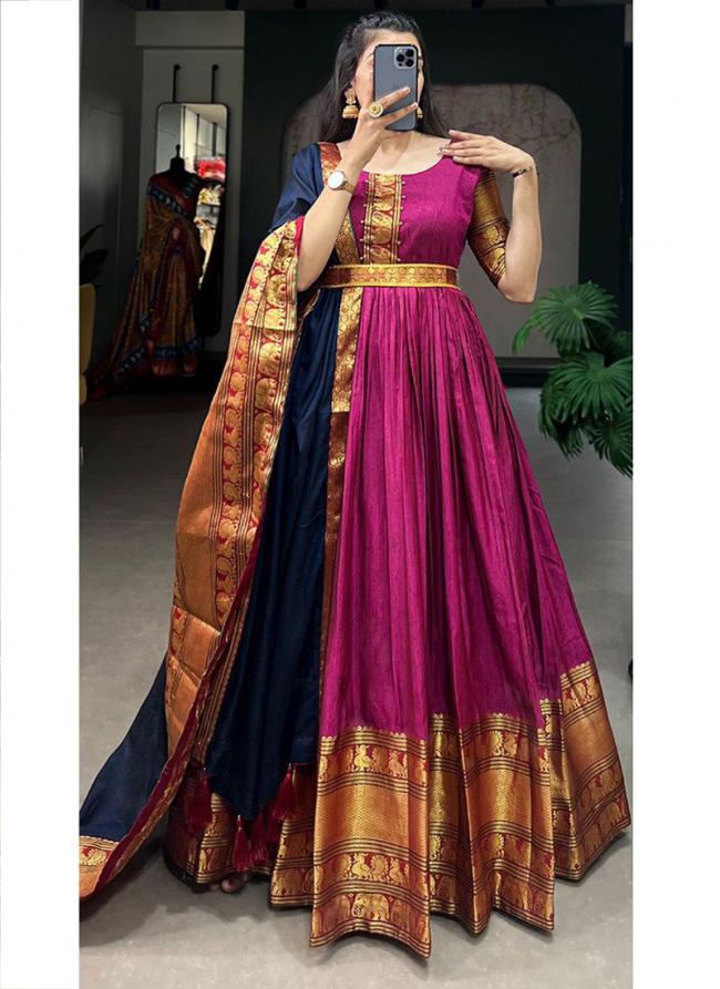 Cotton Pink Traditional Wear Zari Work Readymade Gown With Dupatta